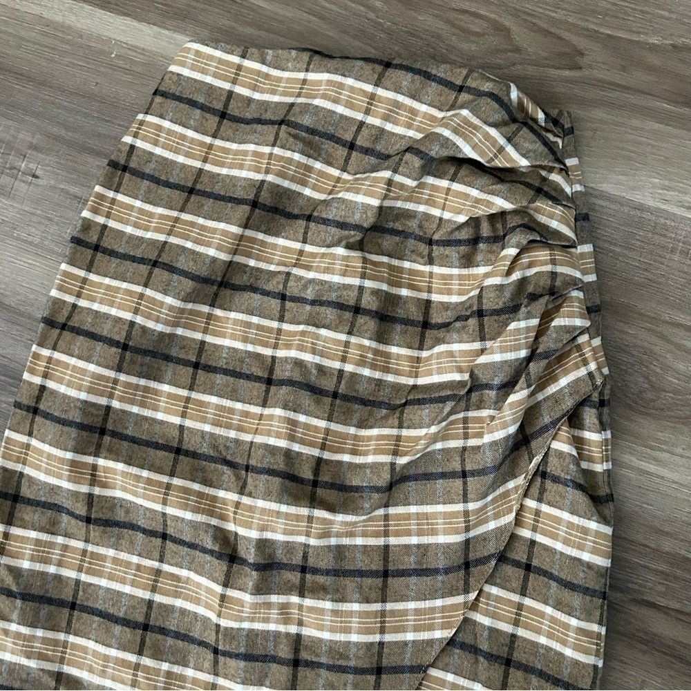 ASOS Tan Plaid Midi Maxi Faux Wrap Skirt Women Size 2 - Picture 2 of 7